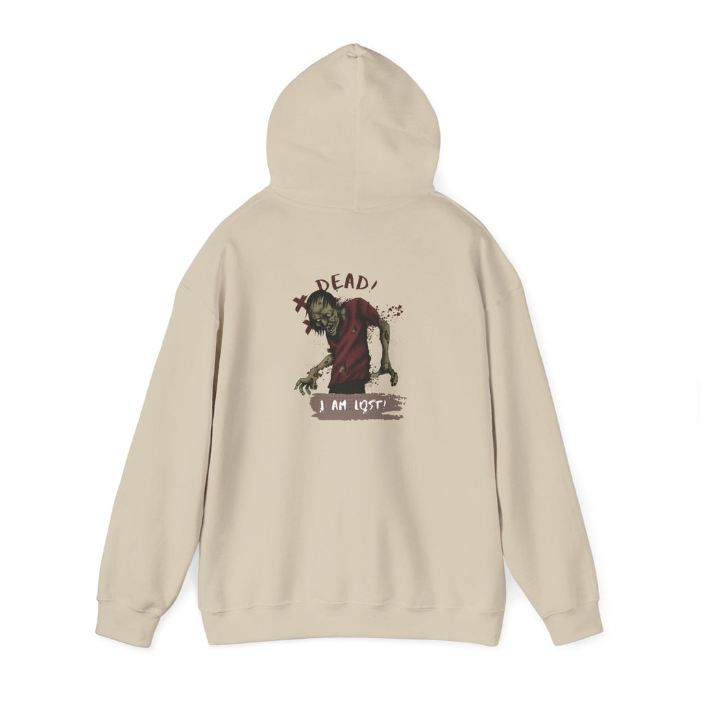 Sand hoodie with graphic design on the back against a white background