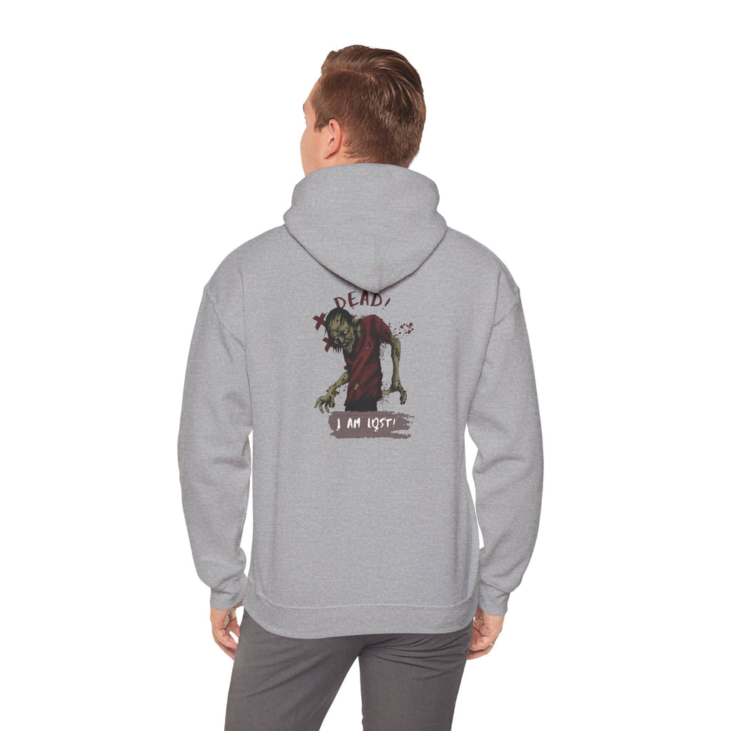 Person wearing a Sport grey hoodie with a graphic design on the back against a white background