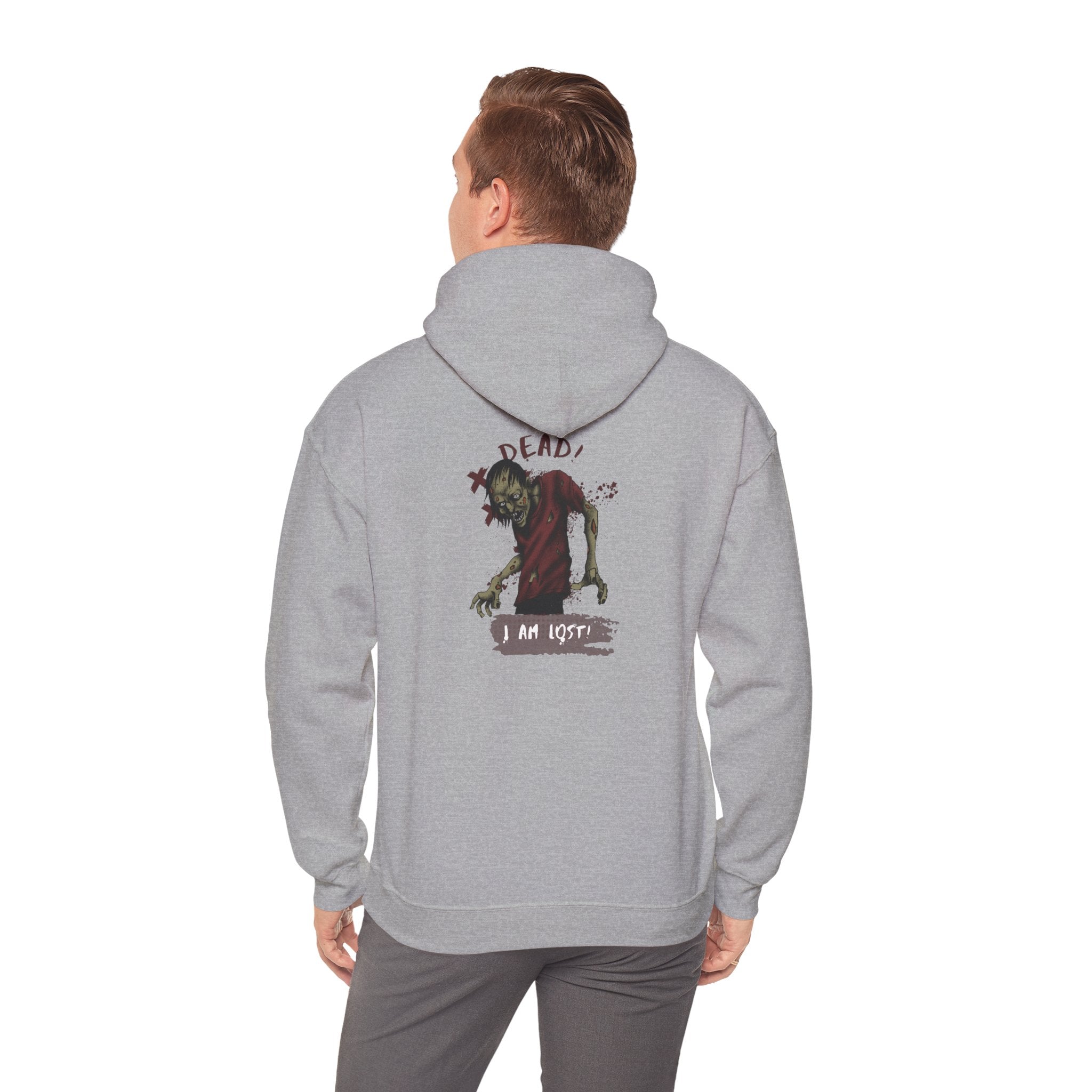 Person wearing a Sport grey hoodie with a graphic design on the back against a white background