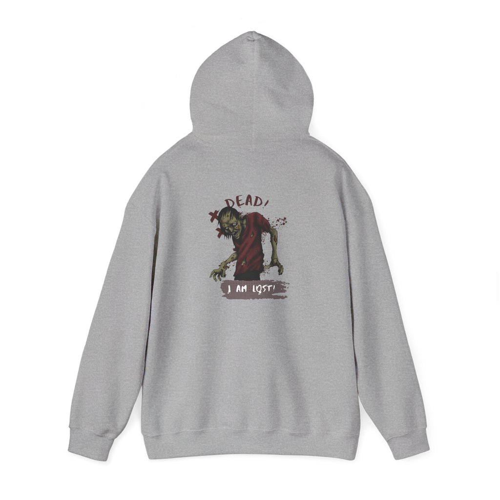 Gray hoodie with a graphic design on the back against a white background