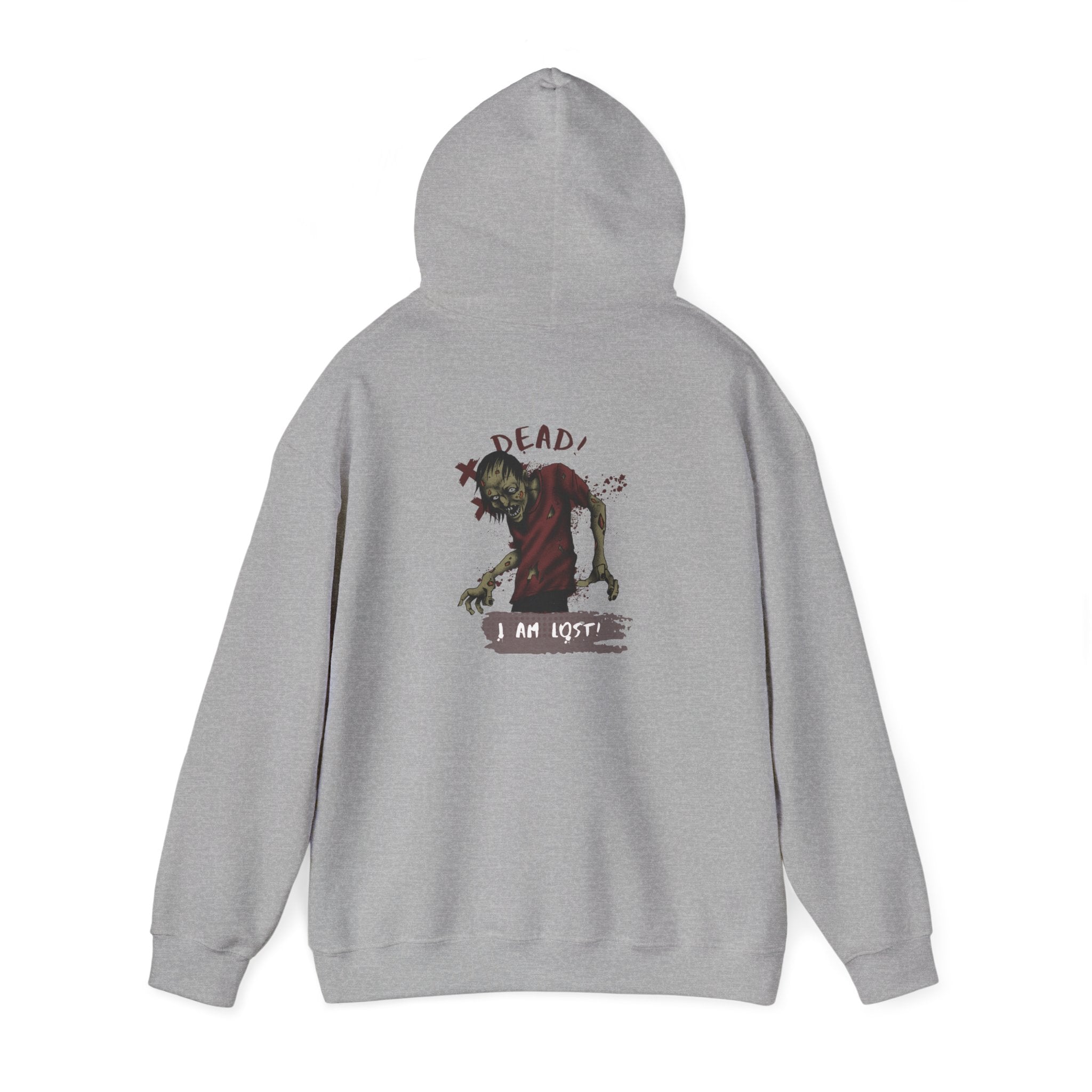 Gray hoodie with a graphic design on the back against a white background