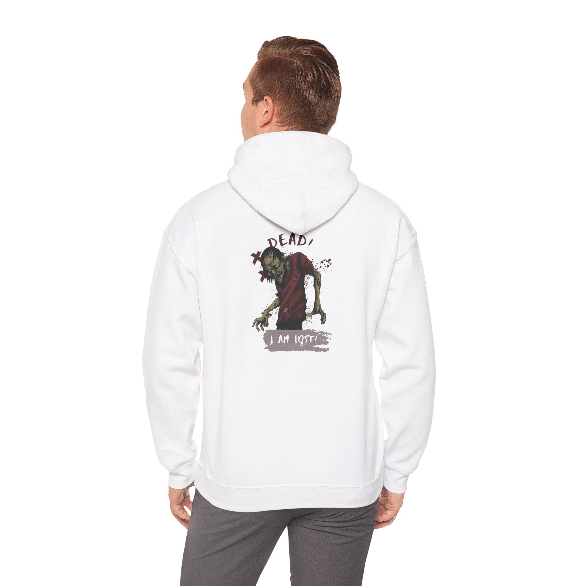 Person wearing a white hoodie with a graphic design on the back, standing against a white background