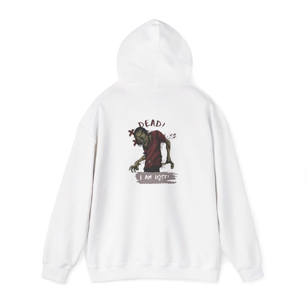 White hoodie with graphic design on a white background