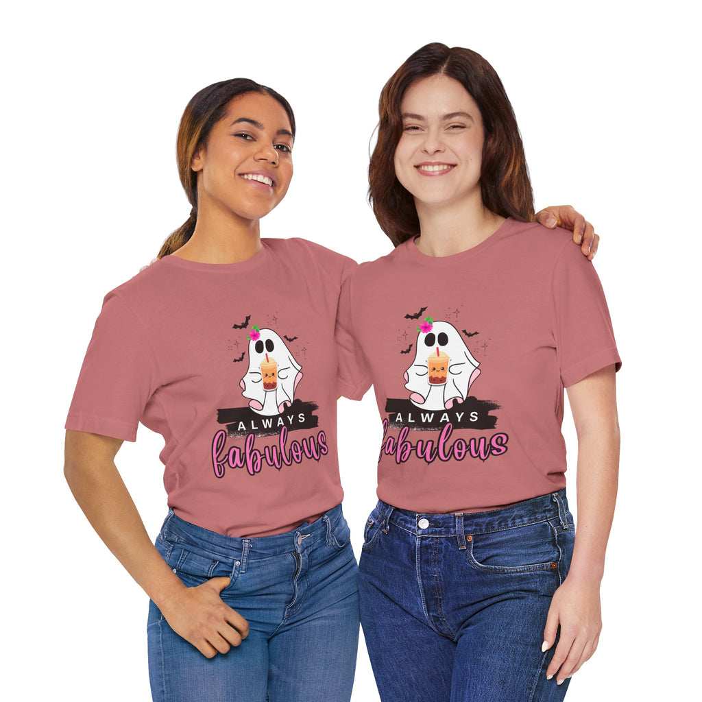 Two women wearing Mauve t-shirts with a ghost and text design on a white background