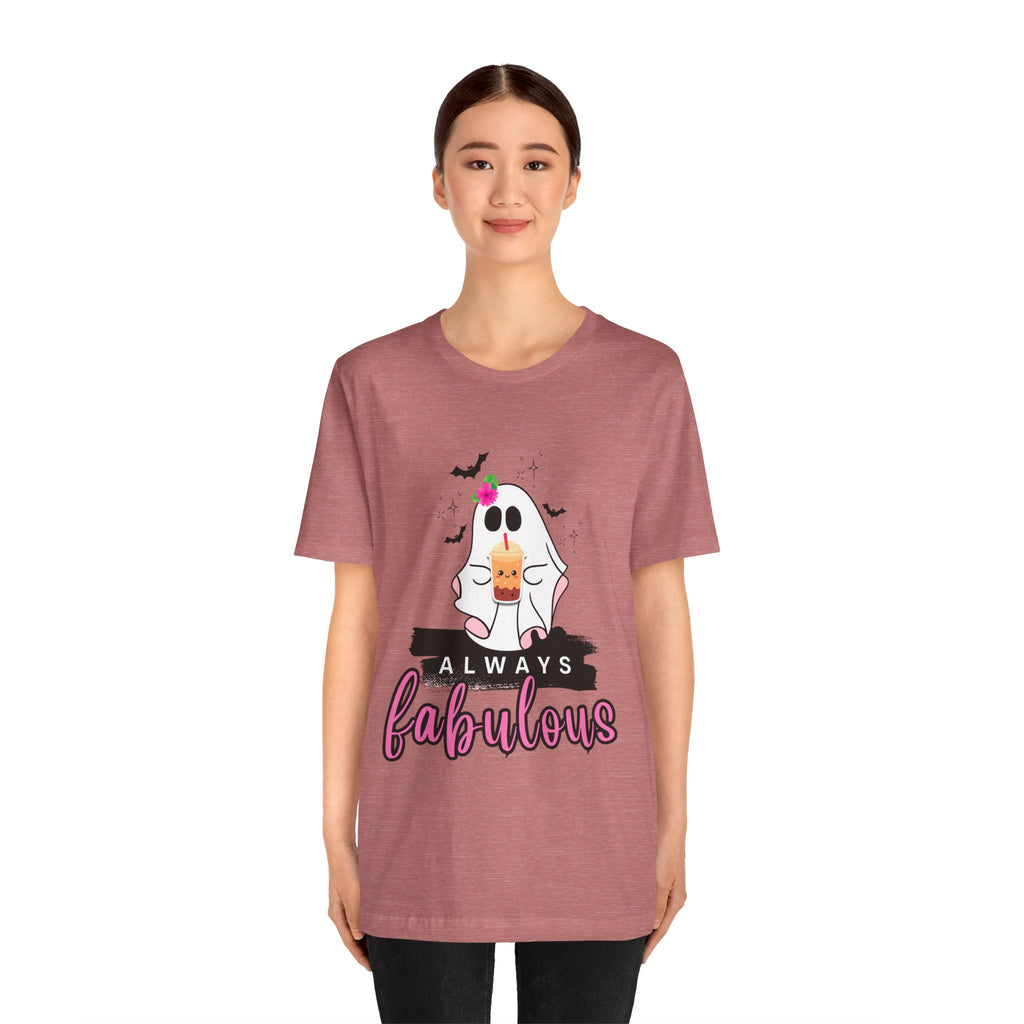 Person wearing a Heather mauve t-shirt with a ghost and ice cream graphic and 'Always fabulous' text.