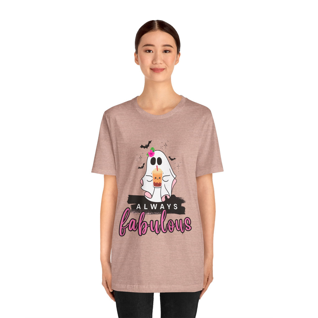 Person wearing a Heather Prism-Peach t-shirt with a ghost graphic and 'Always Fabulous' text on a white background