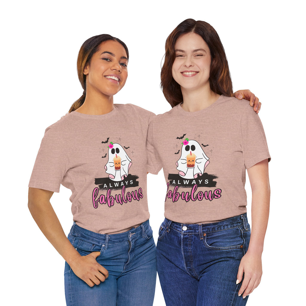 Two women wearing matching t-shirts with a ghost and text design on a white background