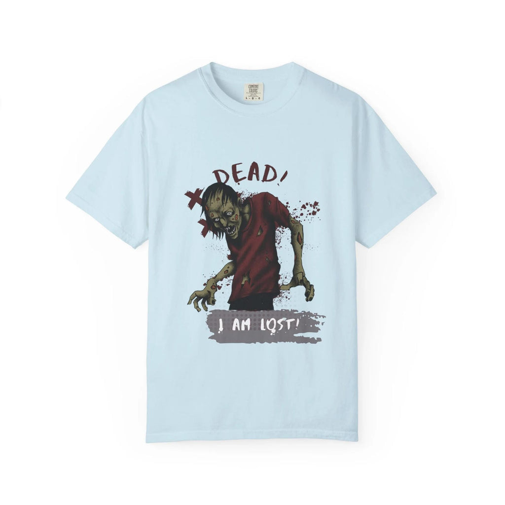 Chambray t-shirt with a zombie graphic and text on a white background