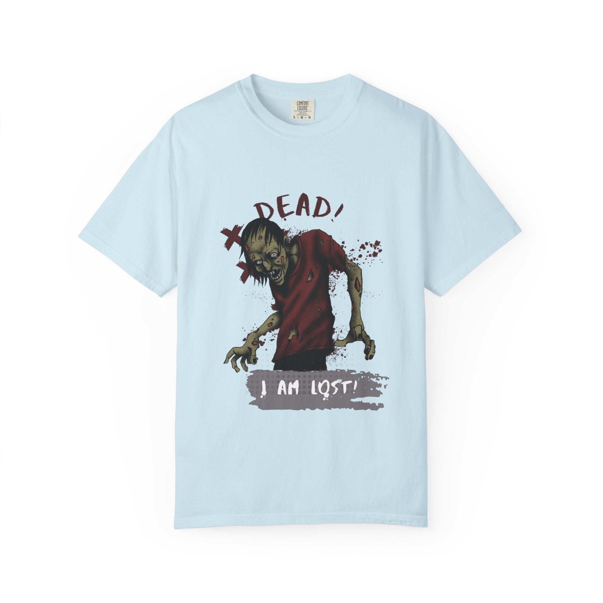 Chambray t-shirt with a zombie graphic and text on a white background