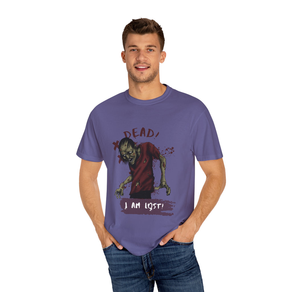 Man wearing a Grape t-shirt with a graphic design of a zombie and text on a white background