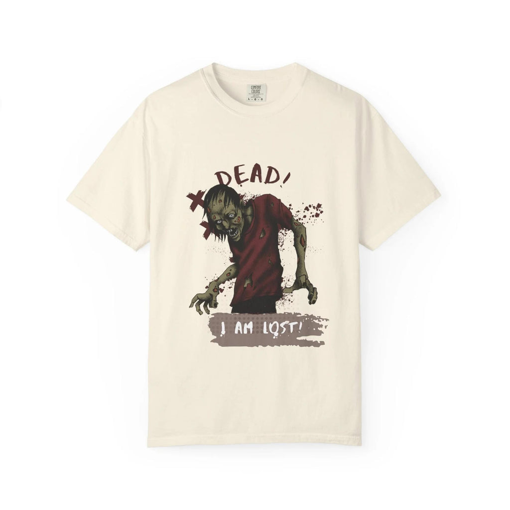 Ivory T-shirt with a zombie graphic and text on a white background