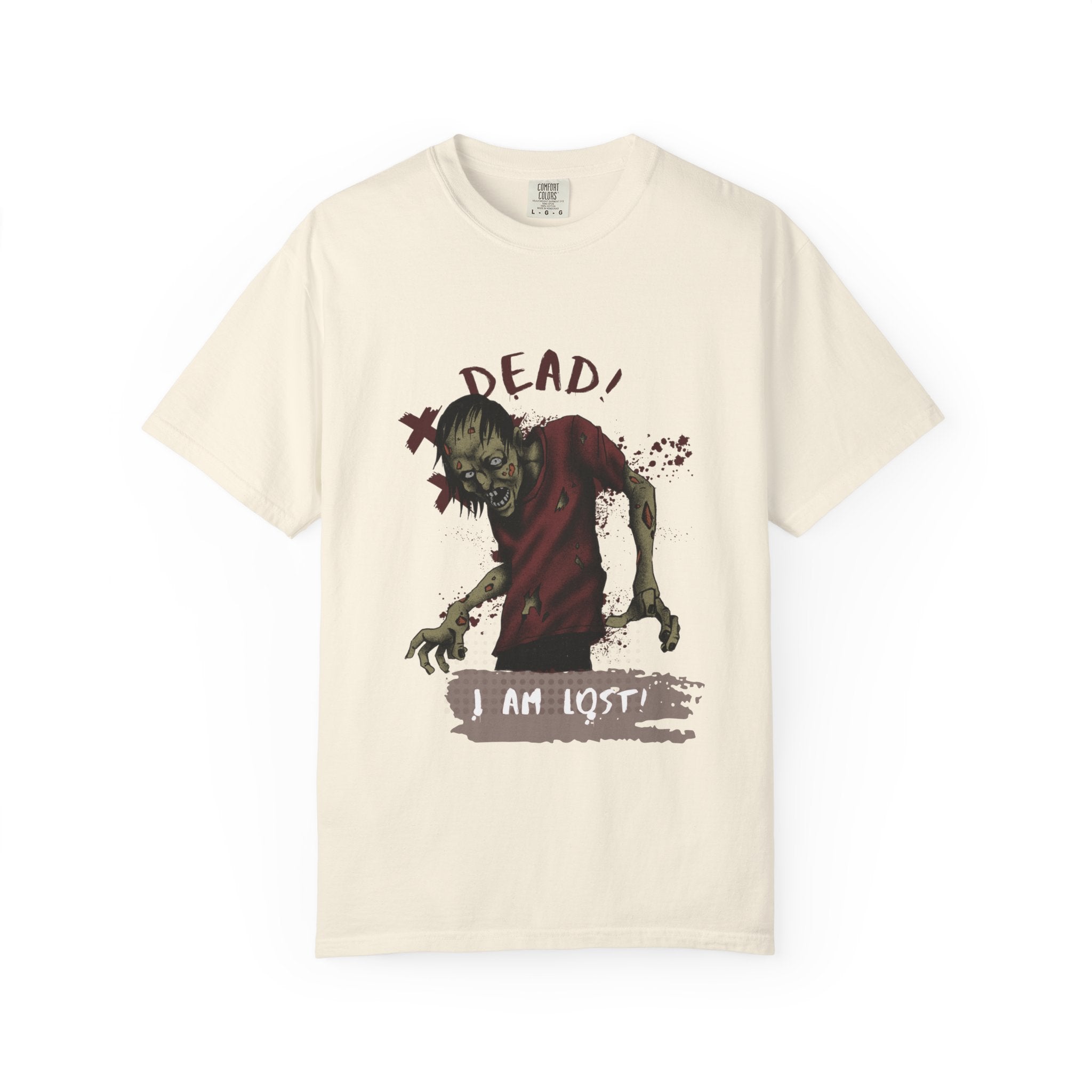 Ivory T-shirt with a zombie graphic and text on a white background