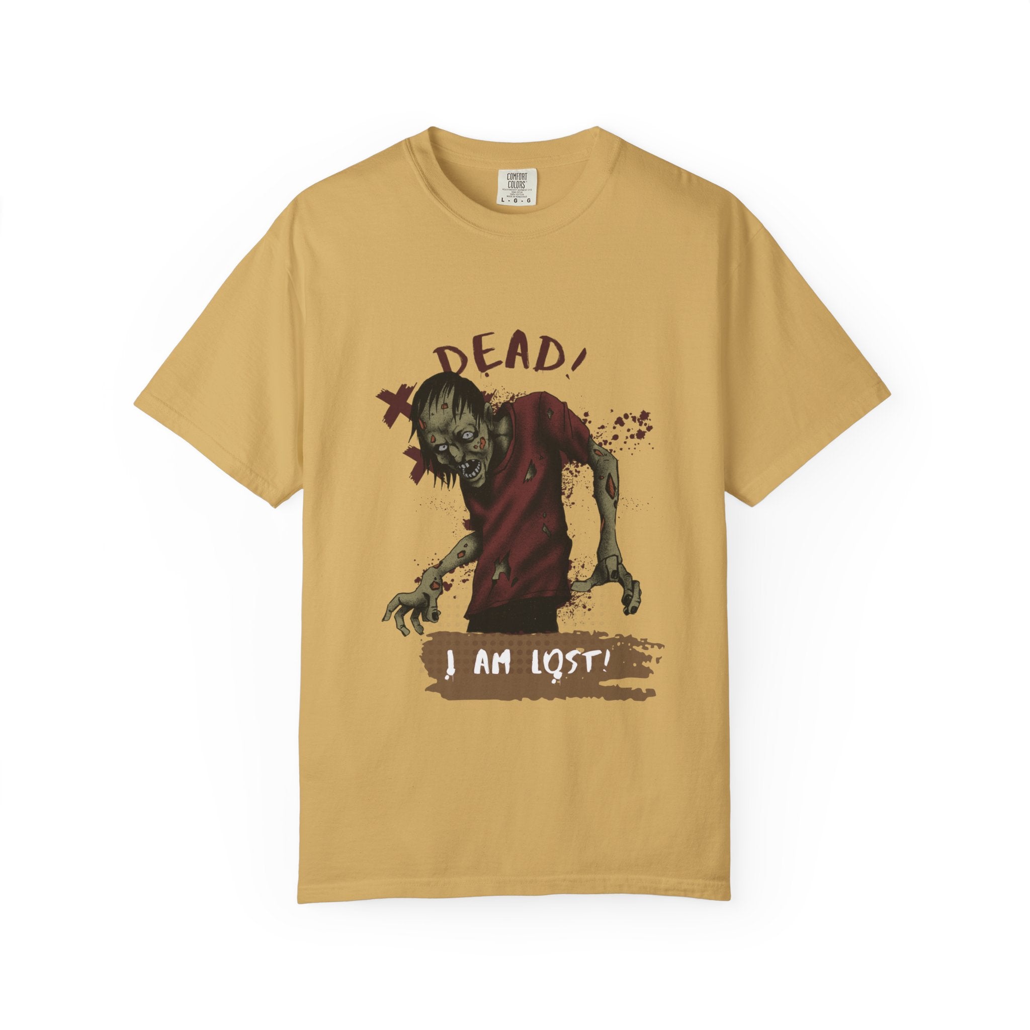 Mustard t-shirt with a zombie graphic and text on a white background