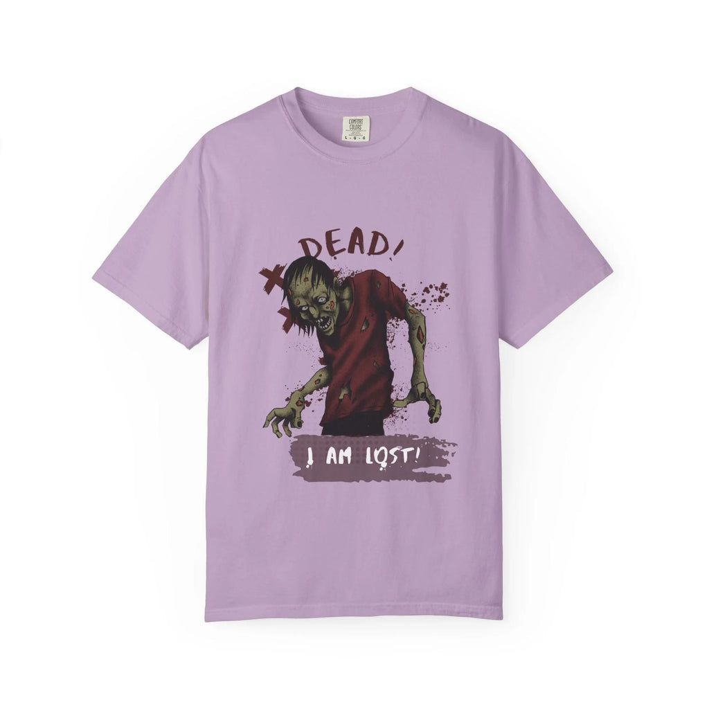 Orchid t-shirt with a zombie graphic and text on a white background