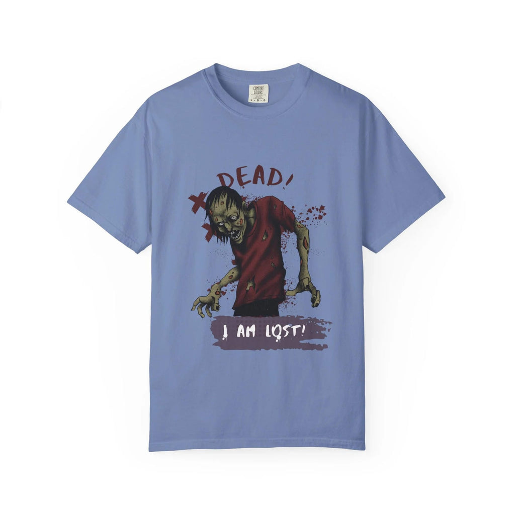 Washed Denim t-shirt with a zombie graphic and text on a white background