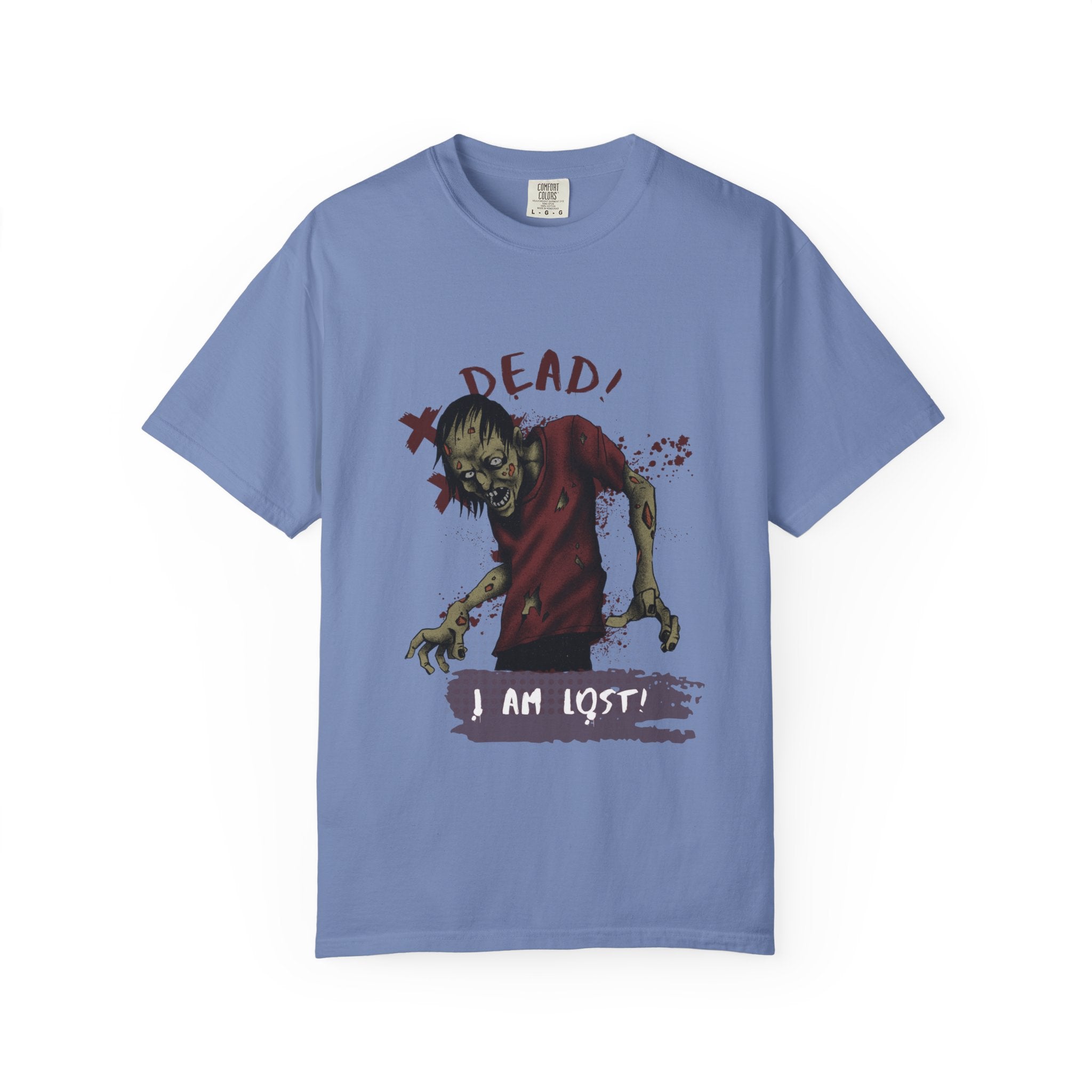Washed Denim t-shirt with a zombie graphic and text on a white background