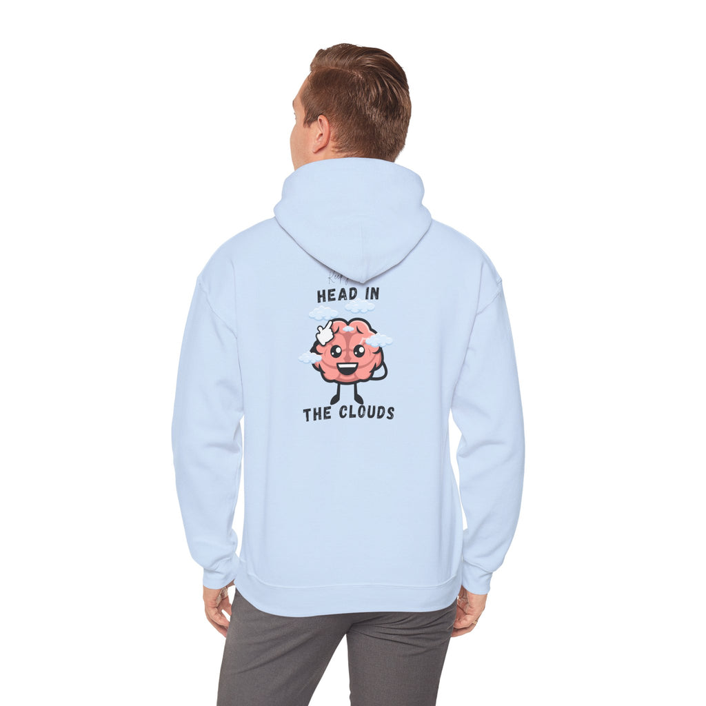 Light blue hoodie with a cartoon brain design and text on the back, worn by a person.