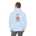 Light blue hoodie with a cartoon brain design and text on the back, worn by a person.