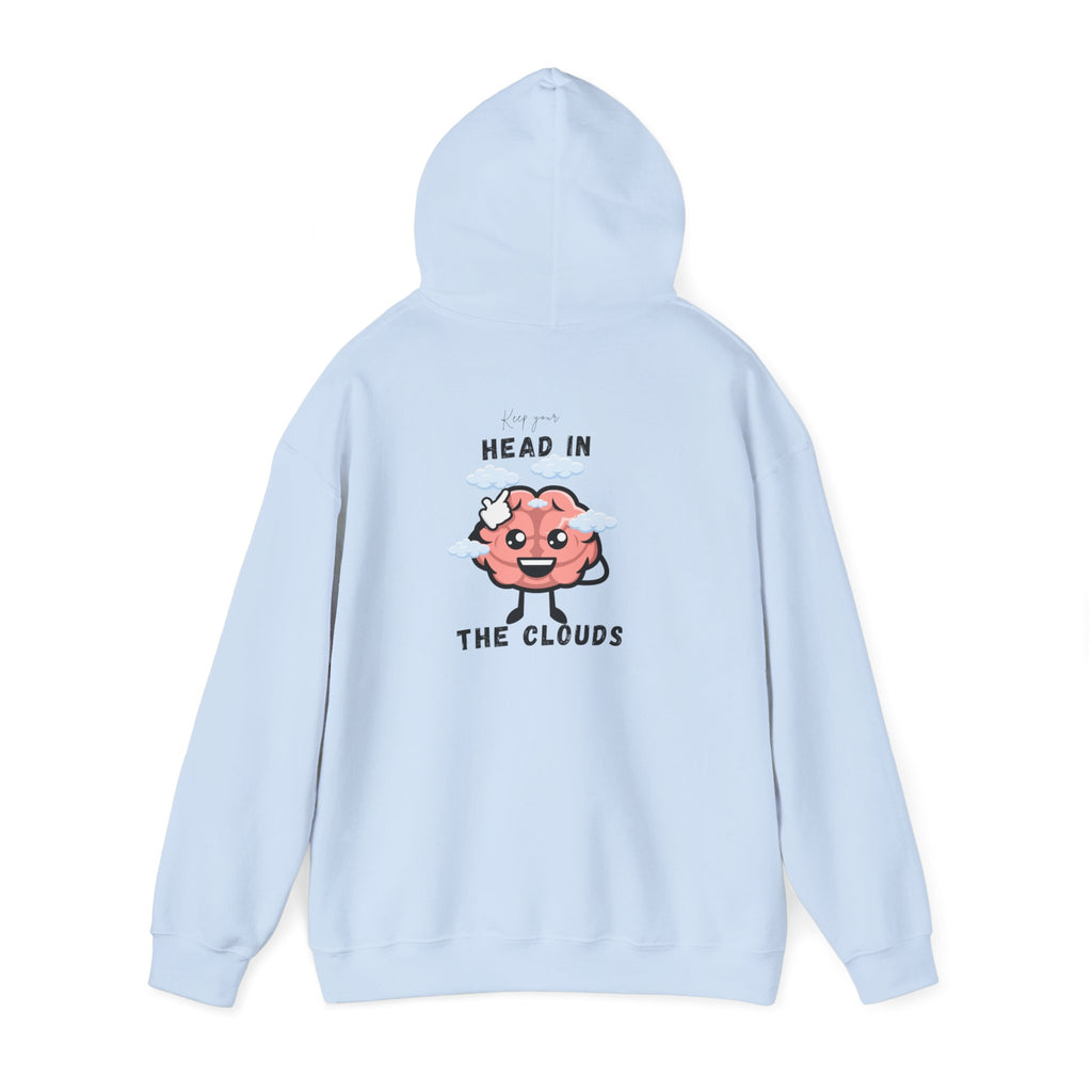 Light blue hoodie with cartoon brain design and text on a white background