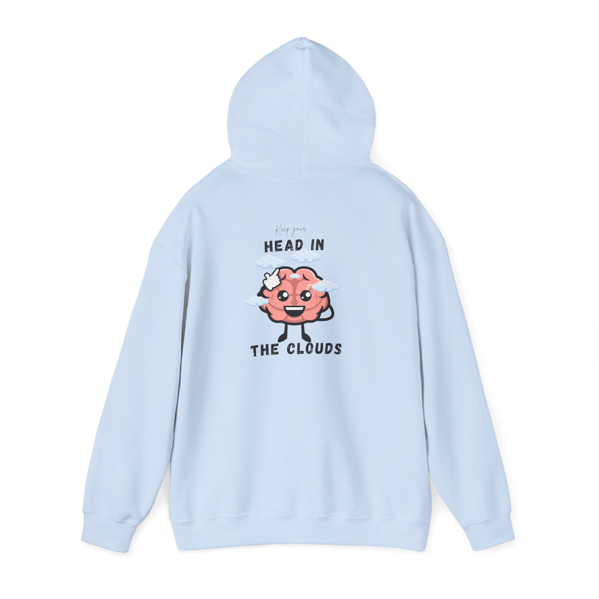 Light blue hoodie with cartoon brain design and text on a white background
