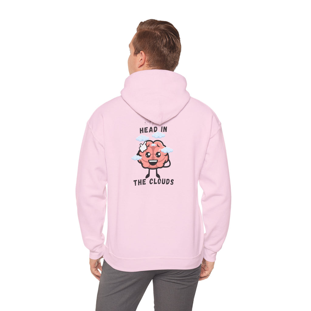 Person wearing a Light pink hoodie with a cloud design and text on the back, on a white background