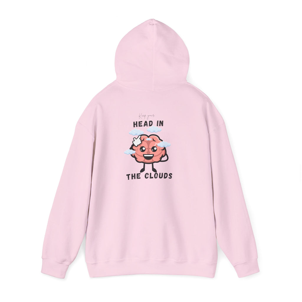 Light Pink hoodie with cartoon brain design and text on a white background