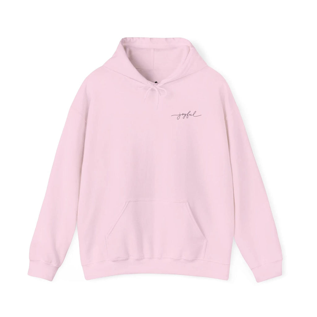 Light Pink hoodie with 'joyful' text on a white background