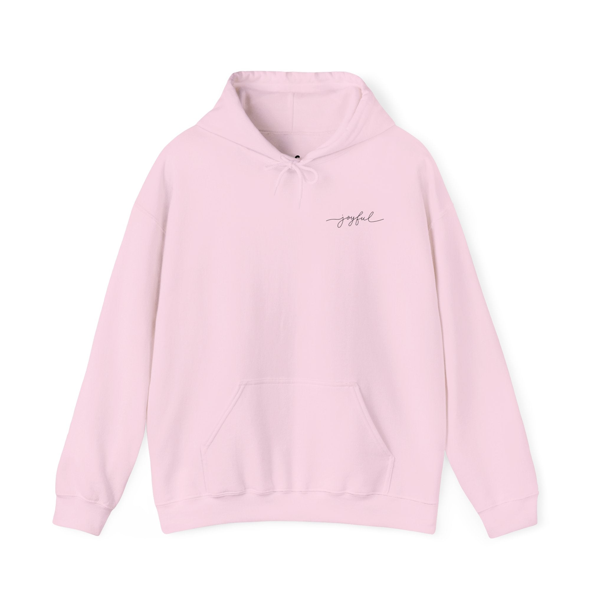 Light Pink hoodie with 'joyful' text on a white background