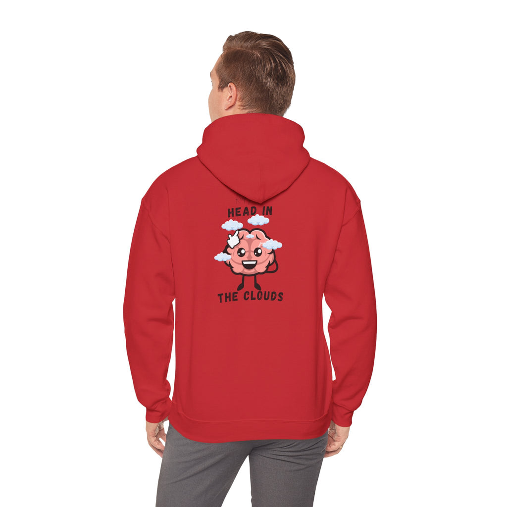 Red hoodie with a cartoon design on the back, worn by a person.