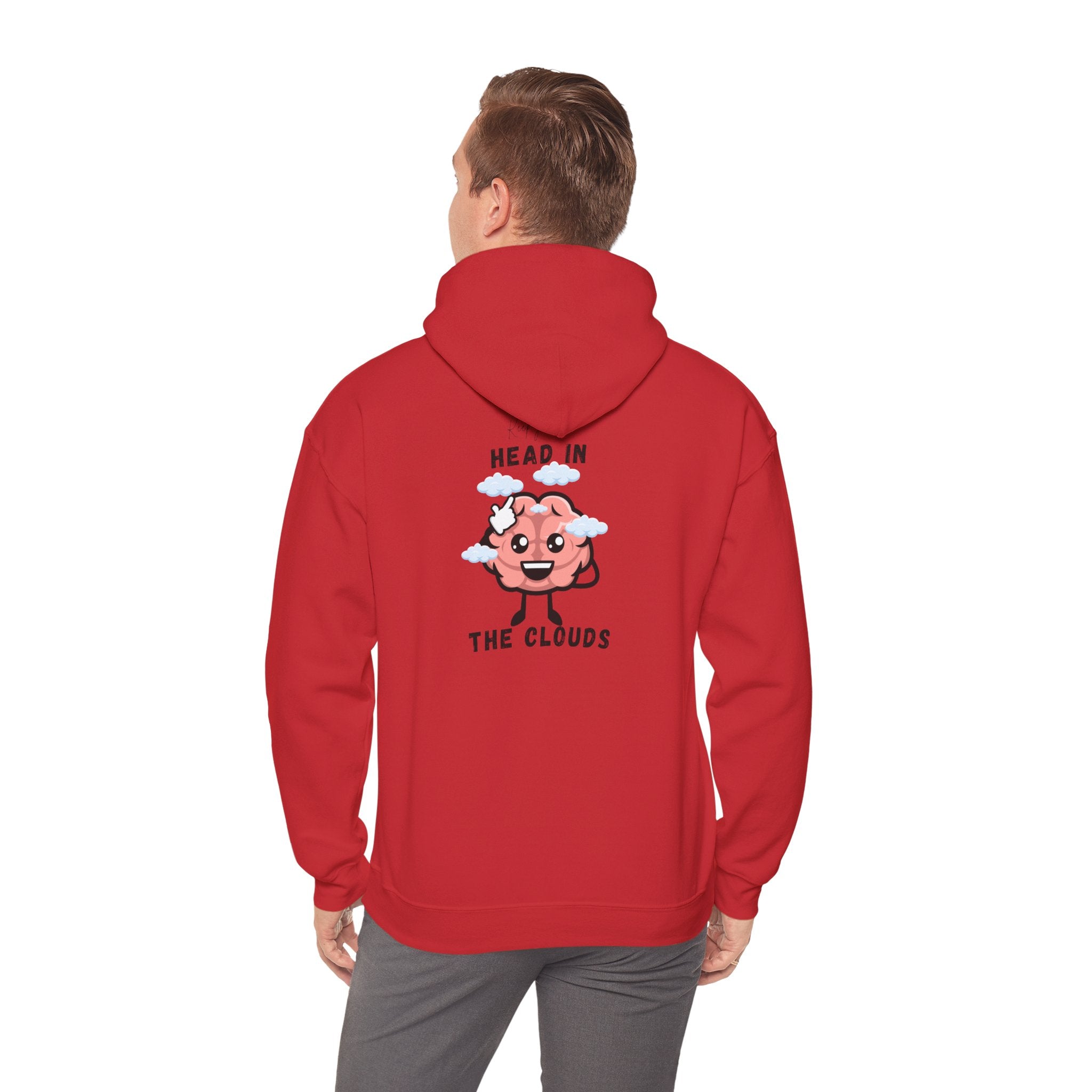 Red hoodie with a cartoon design on the back, worn by a person.