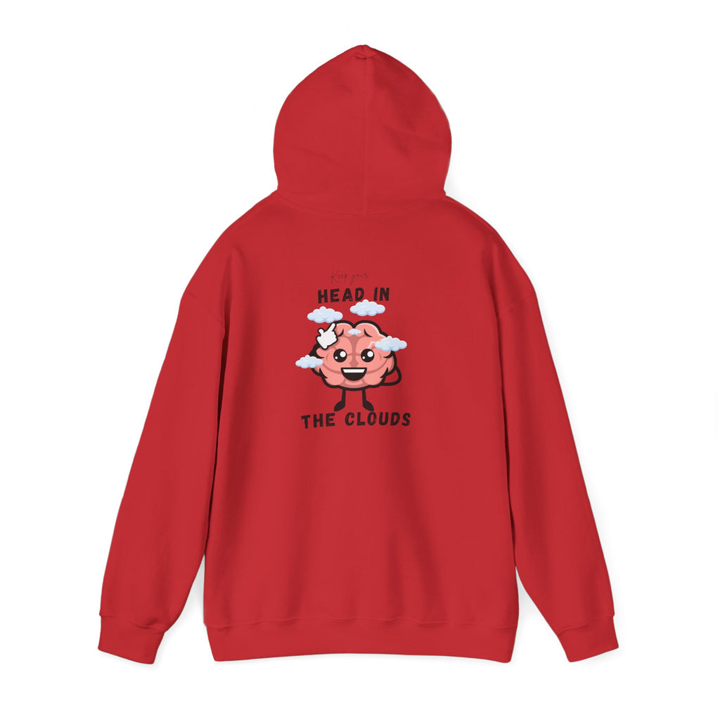 Red hoodie with a cartoon character and text on the back, on a white background