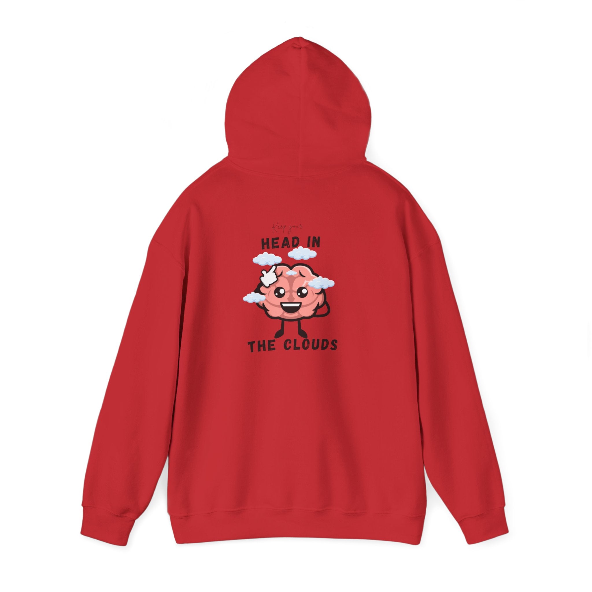 Red hoodie with a cartoon character and text on the back, on a white background
