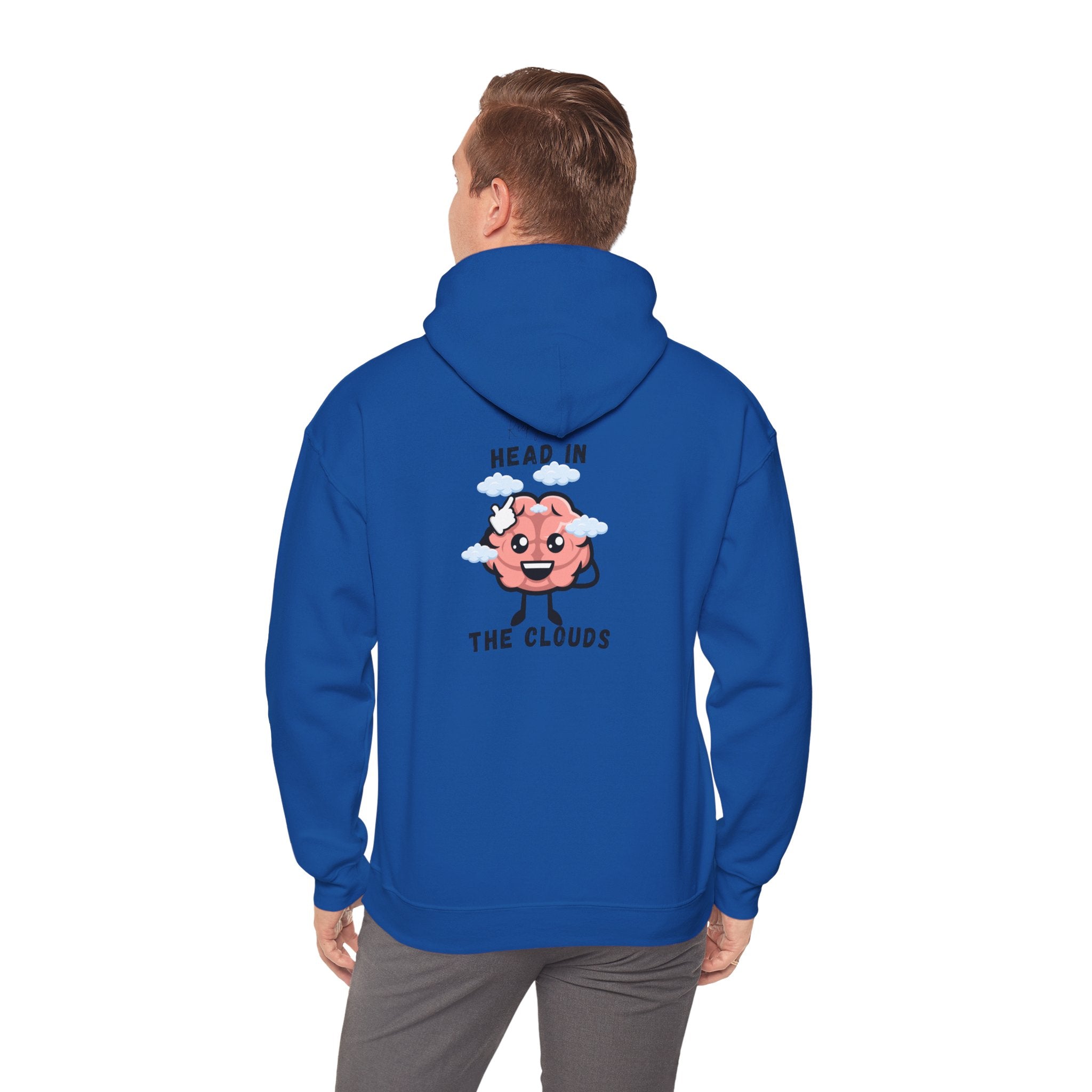 Person wearing a Royal hoodie with a cartoon design on the back, standing against a white background