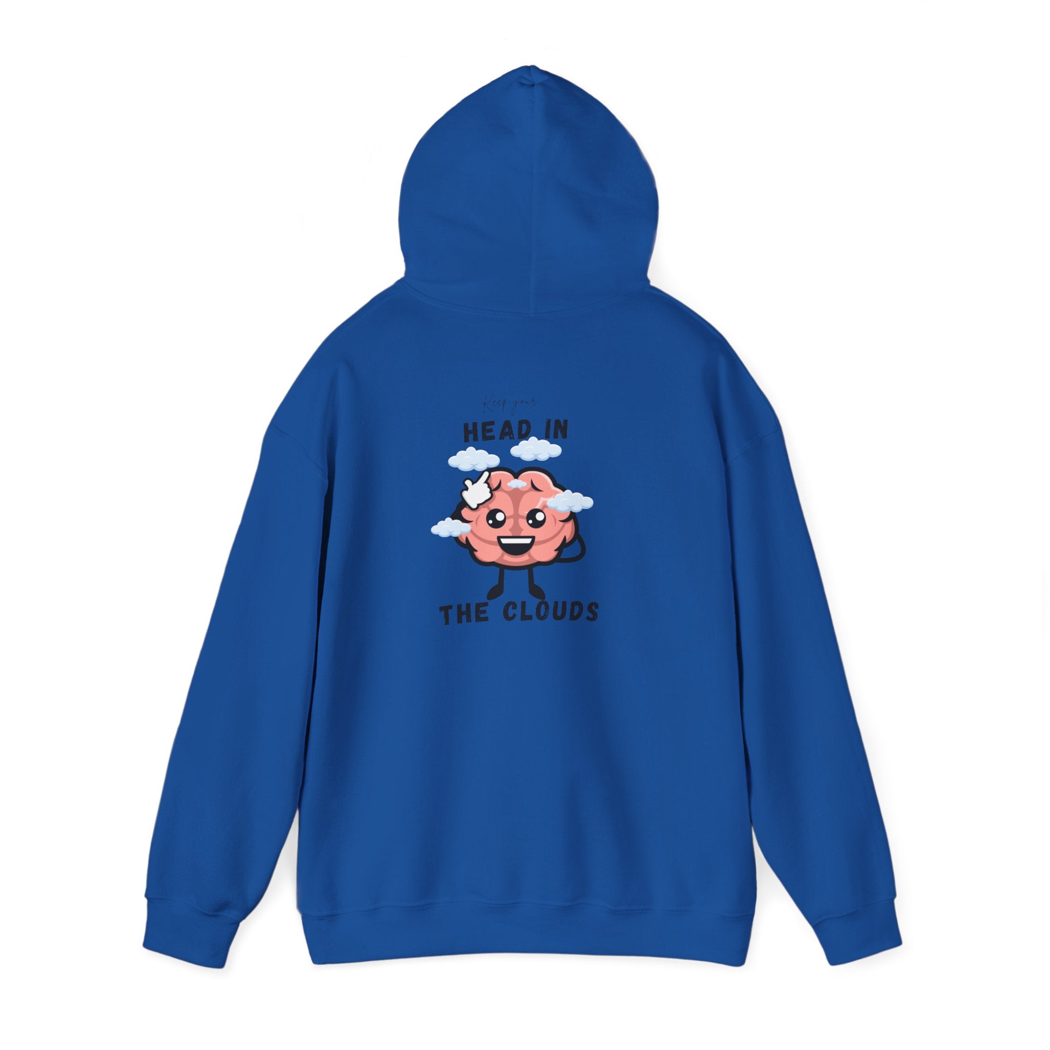 Royal hoodie with a cartoon brain design on the back against a white background