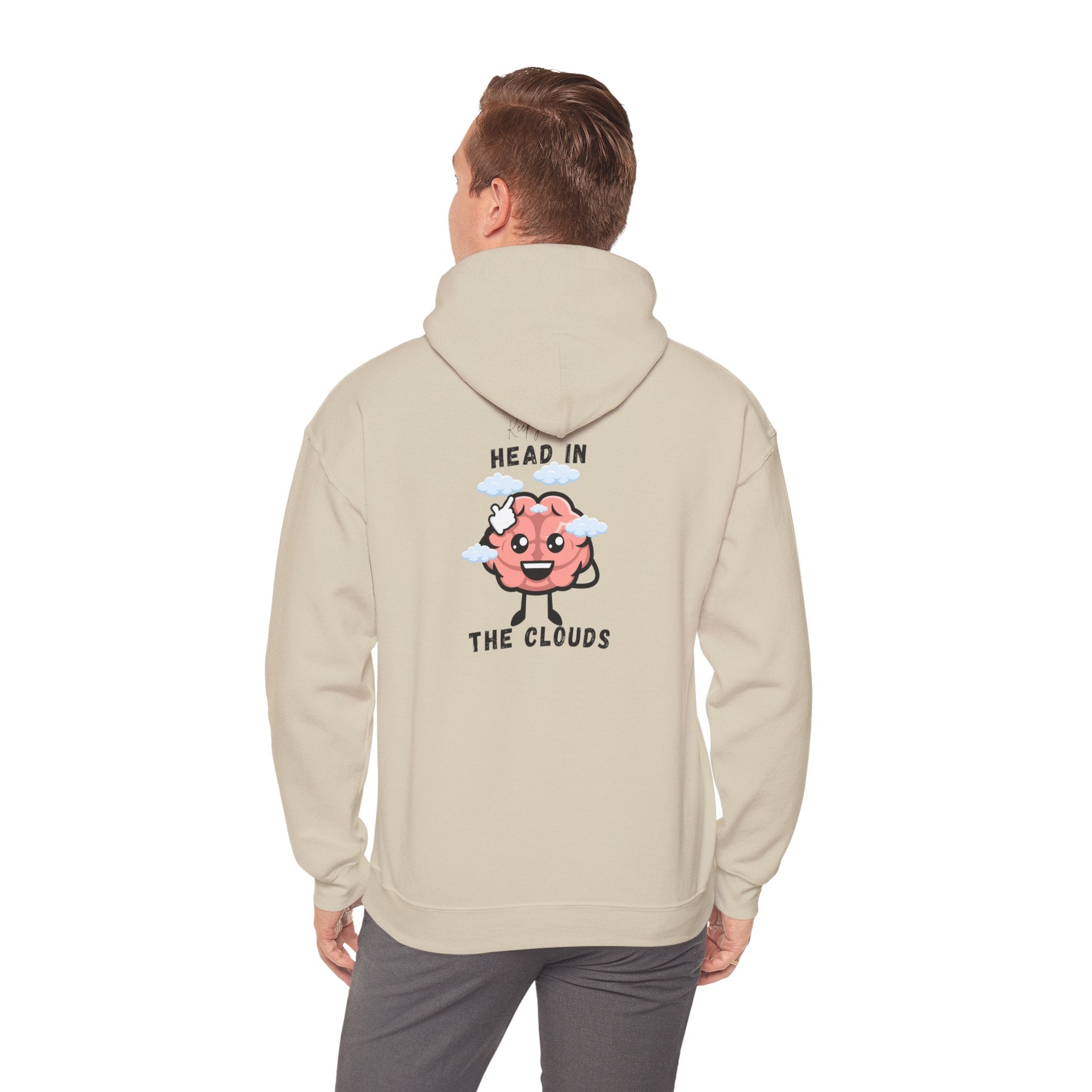 Person wearing a Sand hoodie with a cartoon brain design and text on the back, on a white background