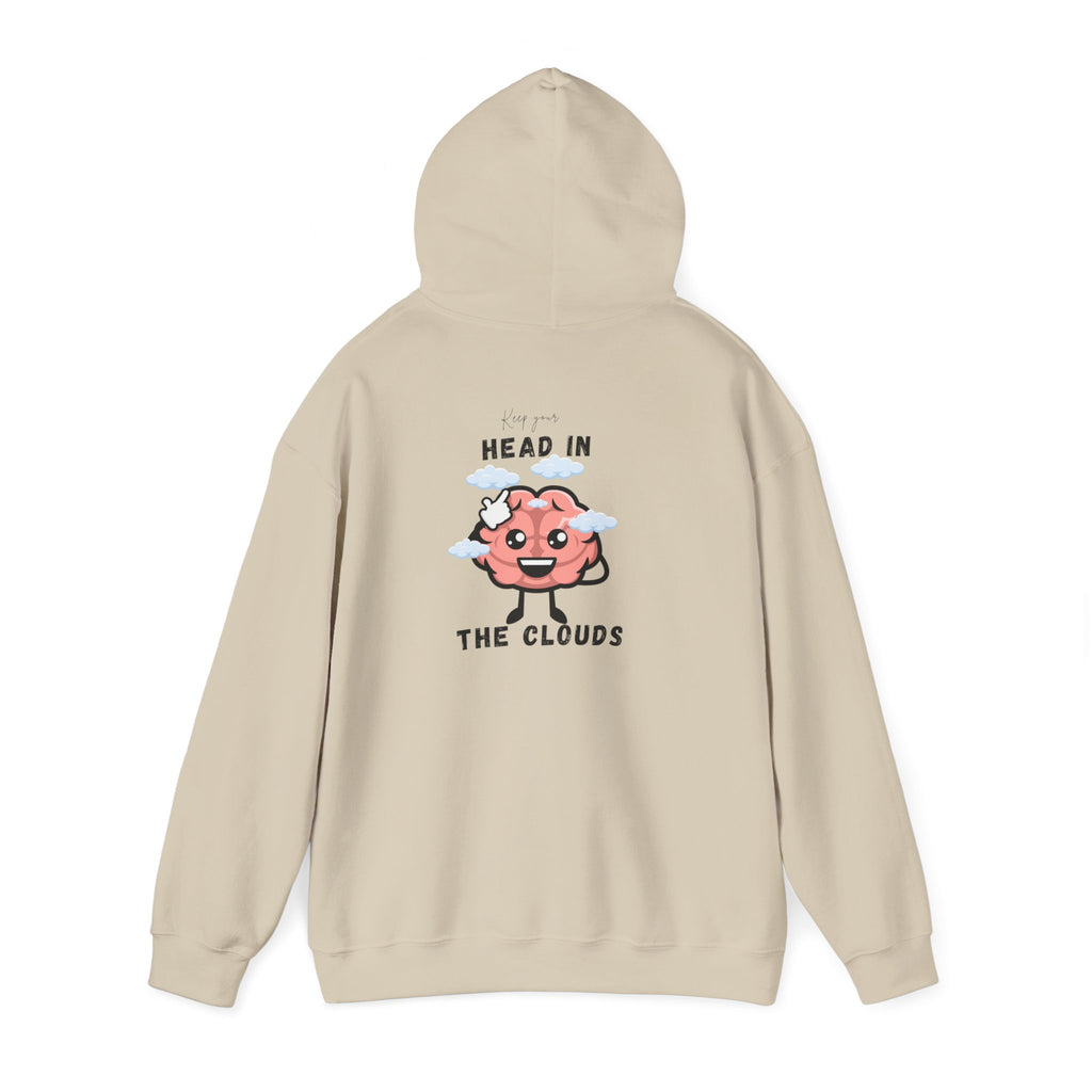 Sand hoodie with a cartoon brain design and text on the back against a white background