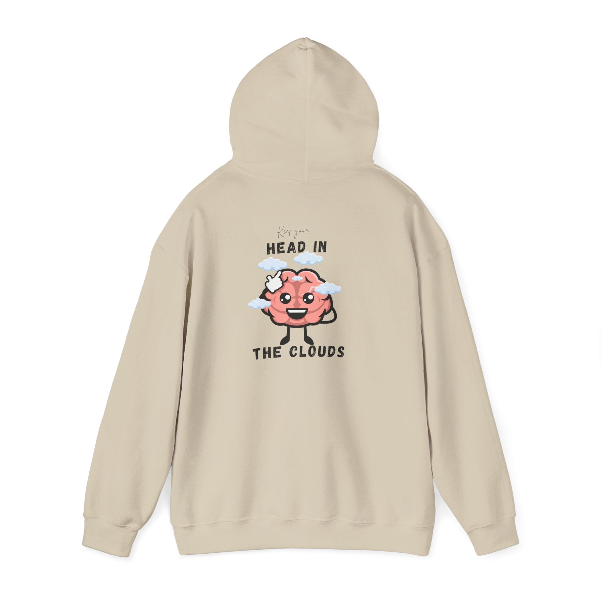 Sand hoodie with a cartoon brain design and text on the back against a white background