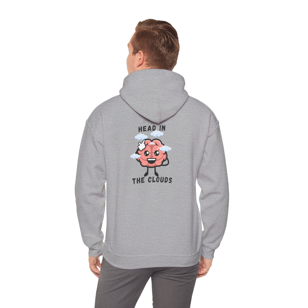 Person wearing a Sport gray hoodie with a cartoon brain design and text on the back, on a white background