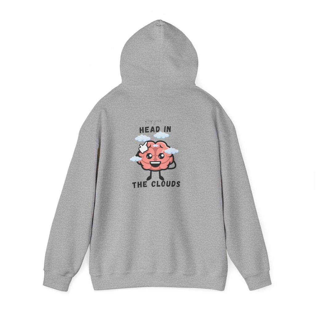 Sport Gray hoodie with a brain graphic and text on the back against a white background