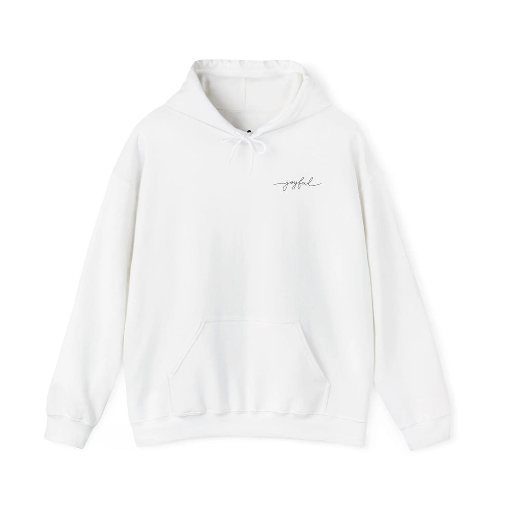 White hoodie with 'joyful' text on a white background