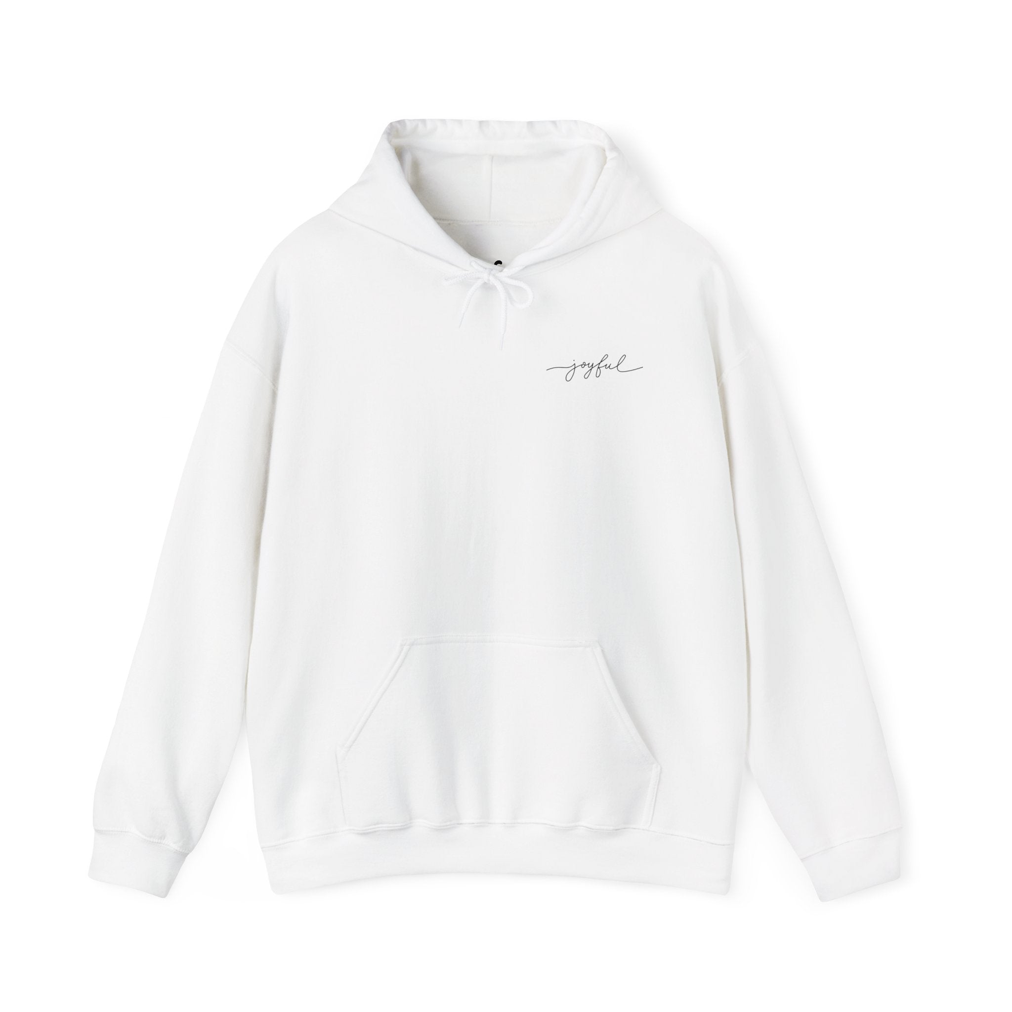 White hoodie with 'joyful' text on a white background