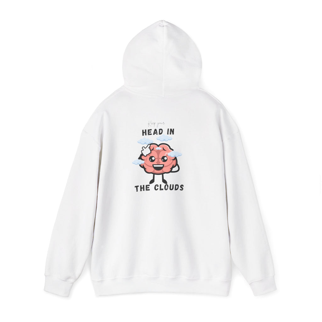 White hoodie with a cartoon brain design and text on a white background
