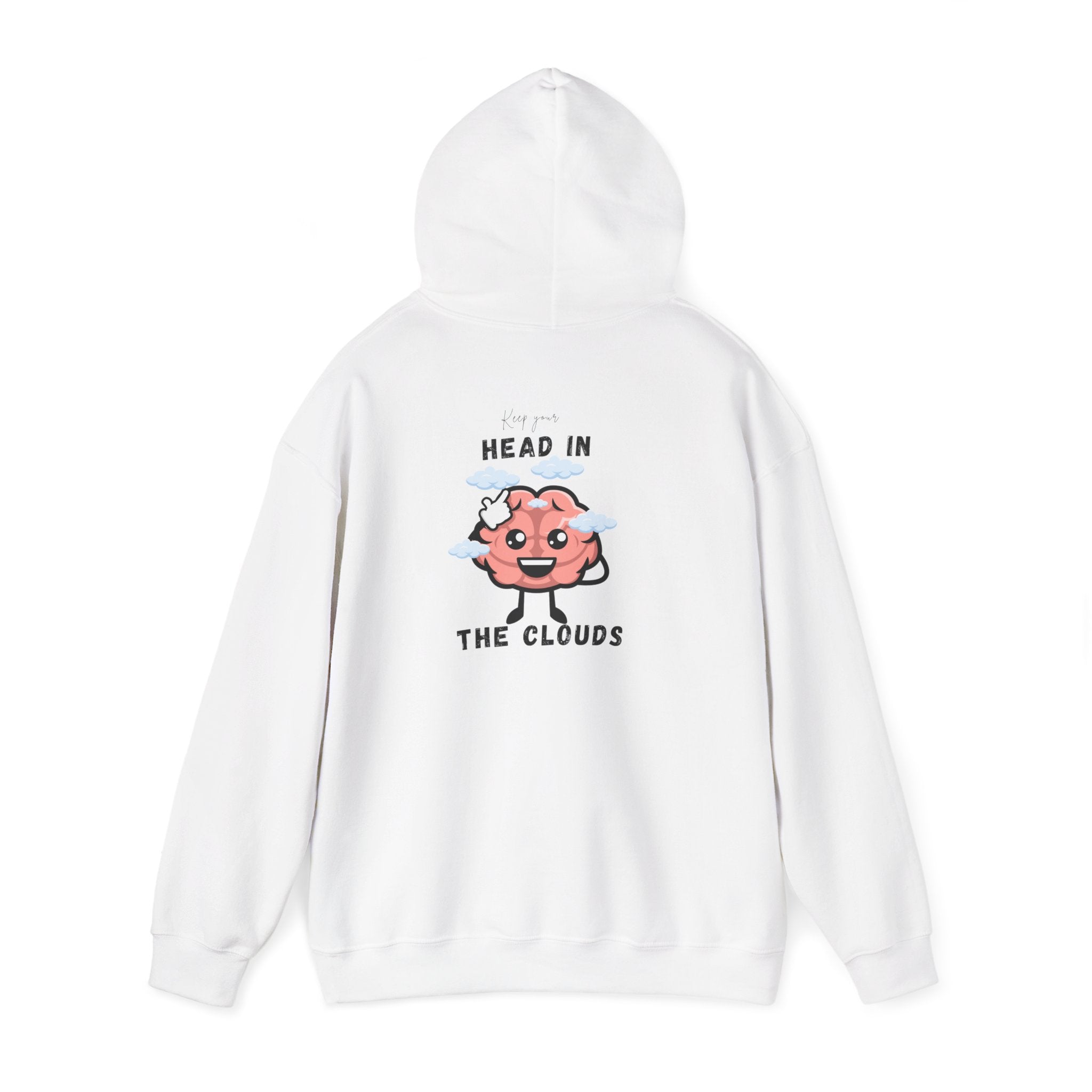 White hoodie with a cartoon brain design and text on a white background
