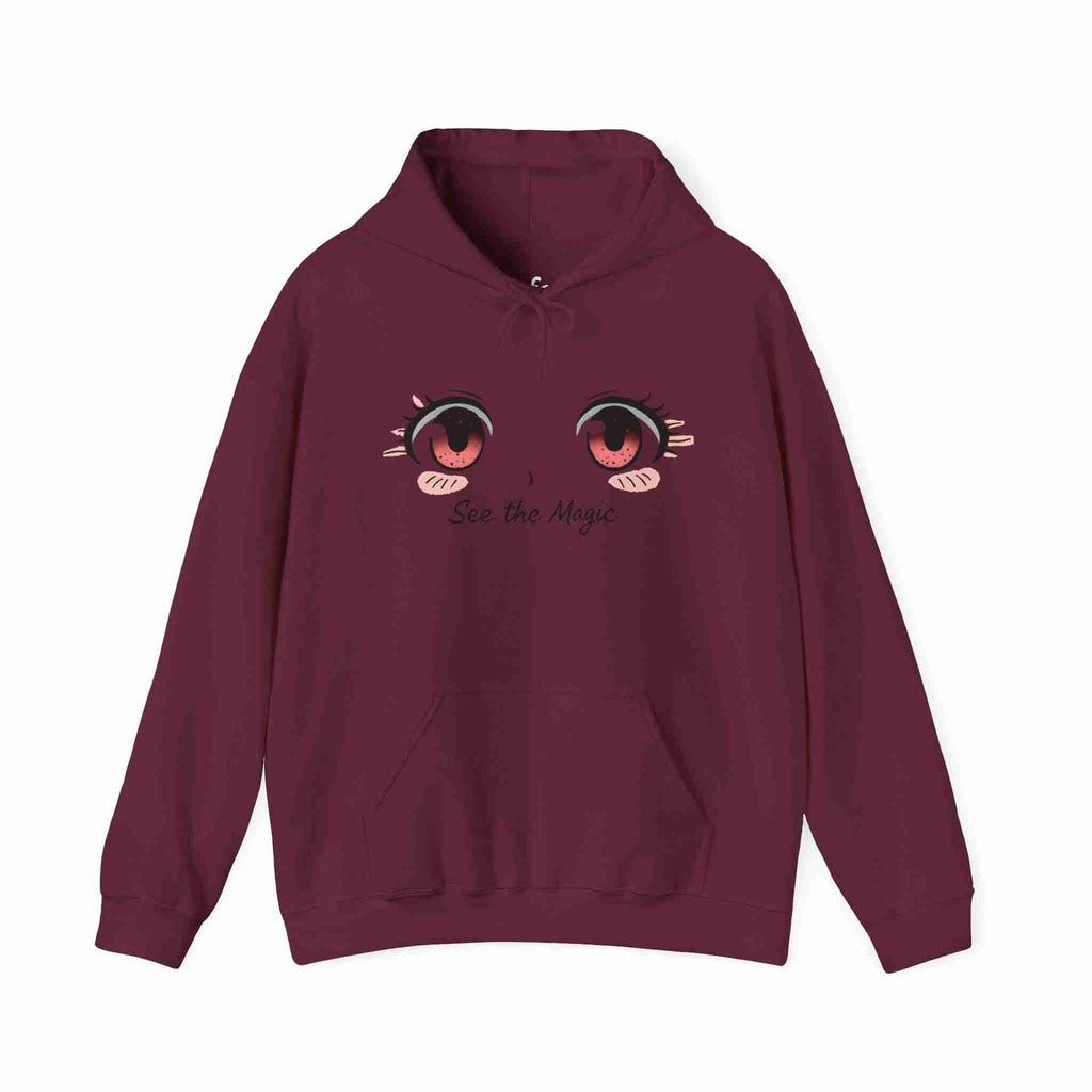 Maroon hoodie with cartoon eyes and text on a white background