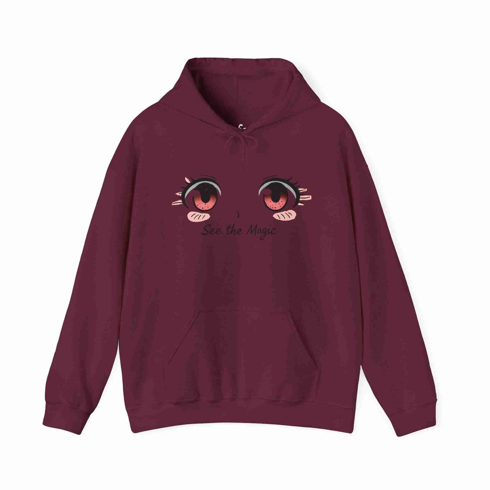 Maroon hoodie with cartoon eyes and text on a white background