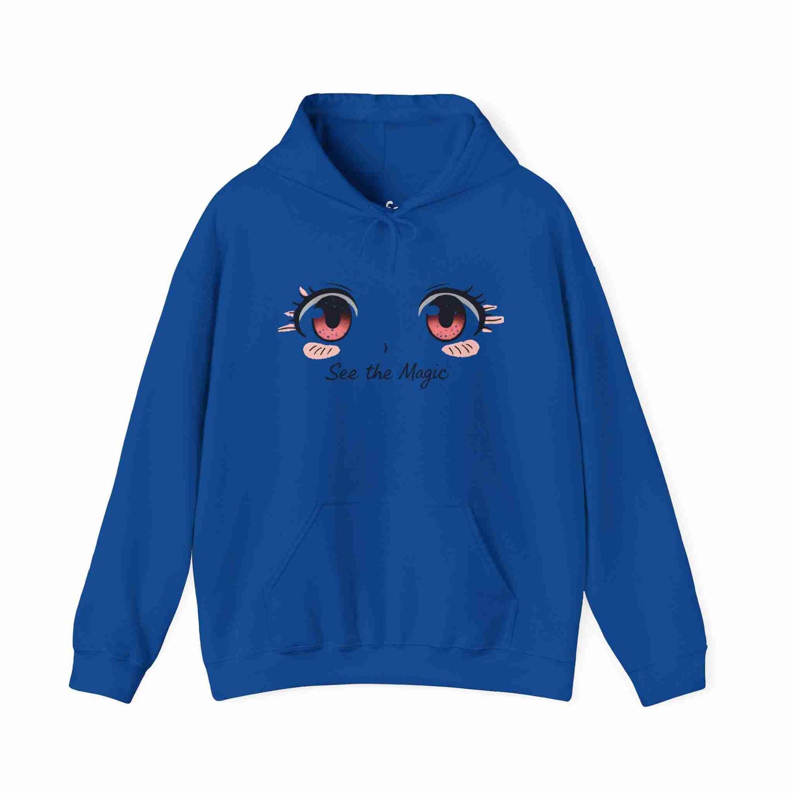 Royal hoodie with cartoon eyes and text on a white background