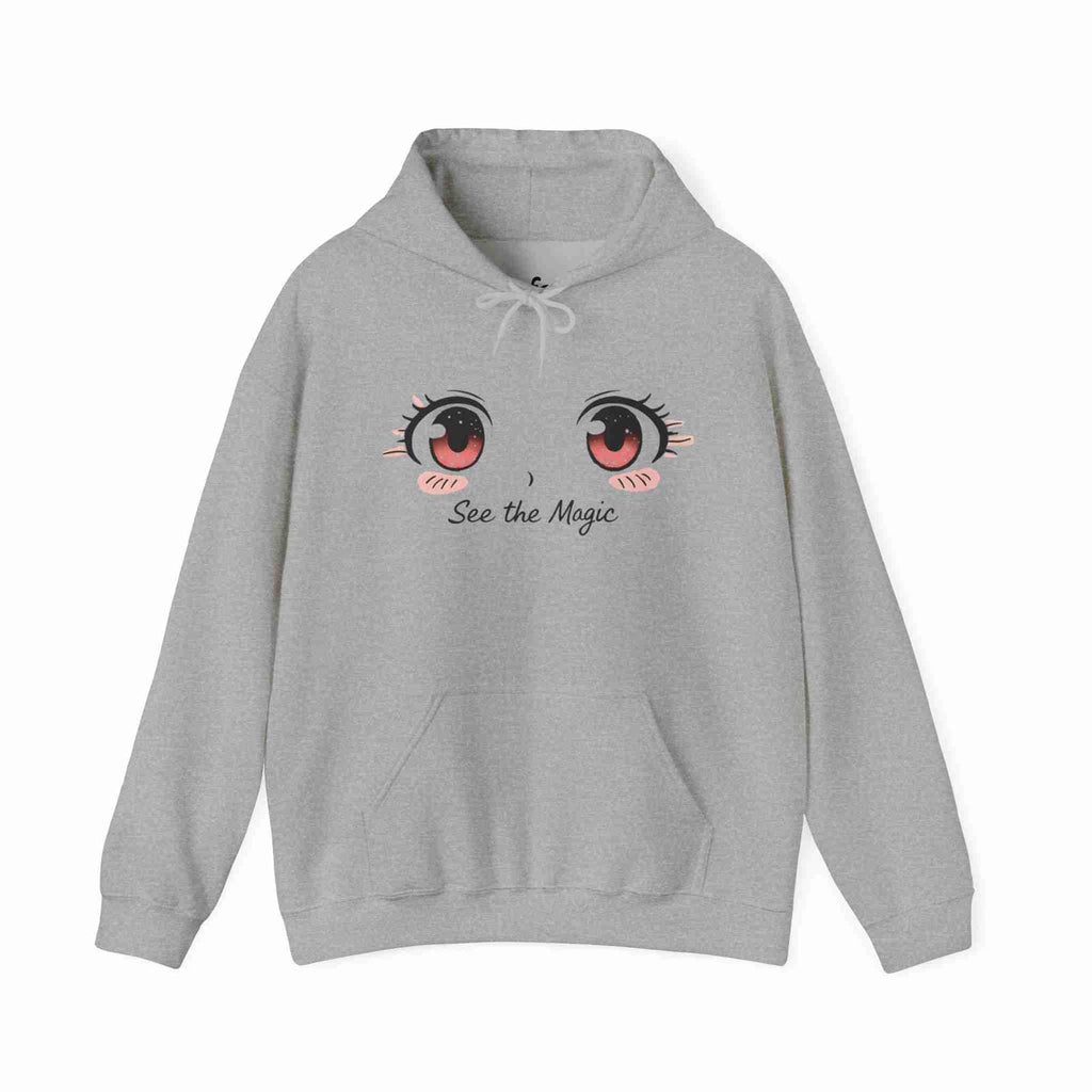 Sport Gray hoodie with cartoon eyes and 'See the Magic' text on a white background
