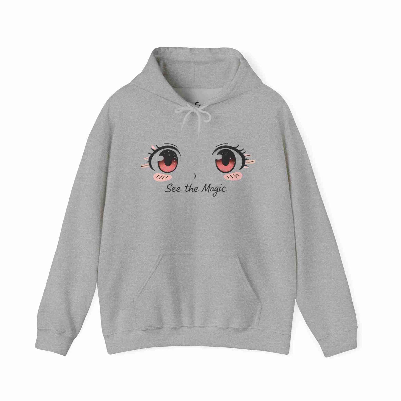 Sport Gray hoodie with cartoon eyes and 'See the Magic' text on a white background