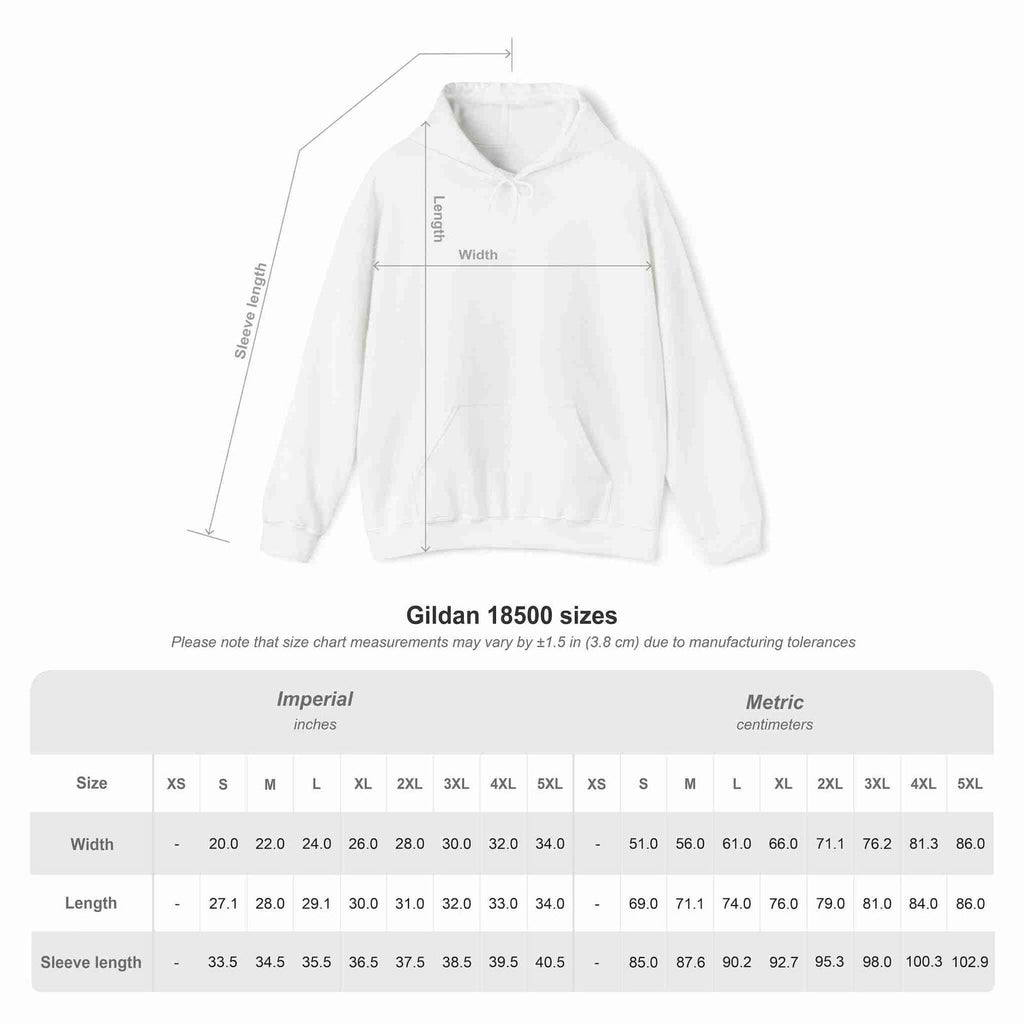 White hoodie with measurement chart on a white background