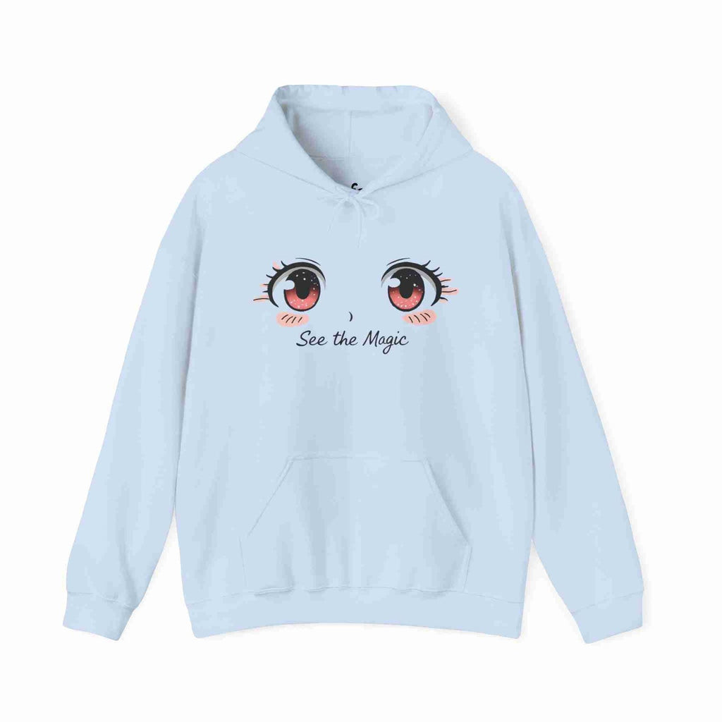 Light blue hoodie with cartoon eyes and 'See the Magic' text on a white background